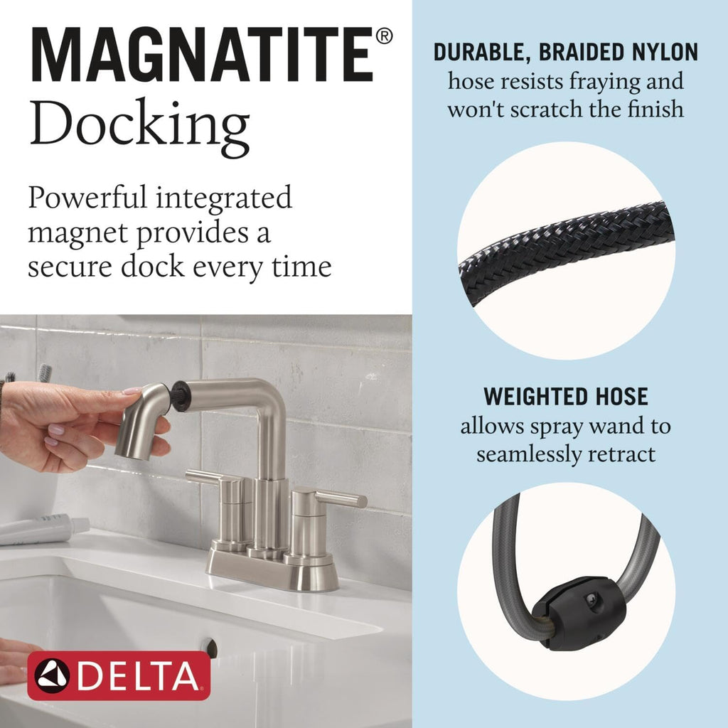 Delta Nicoli Centerset Brushed Nickel Bathroom Faucet with Sprayer, 4 Inch 3 Hole Bathroom Sink Faucet with Pull Out Sprayer, Push-Pop Drain, Stainless 25849LF-SSPD