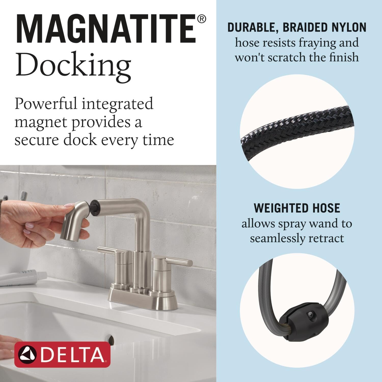 Delta Nicoli Centerset Brushed Nickel Bathroom Faucet with Sprayer, 4 Inch 3 Hole Bathroom Sink Faucet with Pull Out Sprayer, Push-Pop Drain, Stainless 25849LF-SSPD