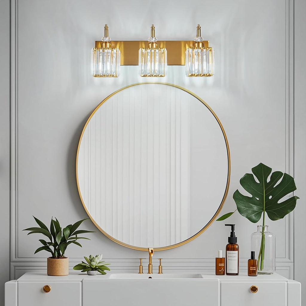 Modern Bathroom Vanity Light 3-Light Gold Crystal Light Fixtures Over Mirror for Bathroom Wall Sconce