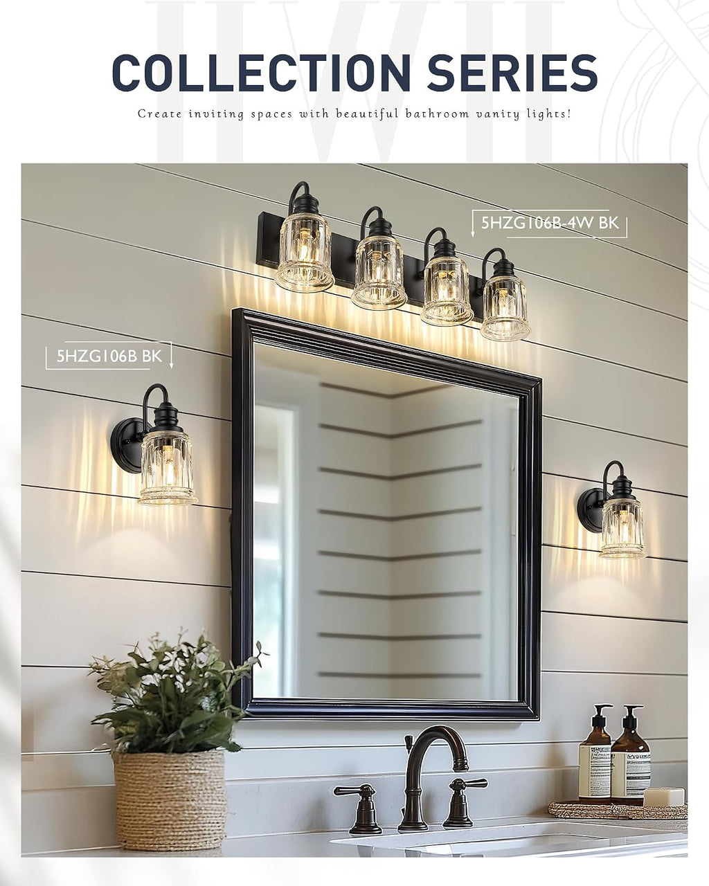 HWH 4-Light Bathroom Vanity Light, Wall Light Sconces for Bathroom, Dressing Table, Black Bathroom Mirror Wall Light with Bell-Shaped Clear Glass, Matte Black Finish, 5HZG106B-4W BK