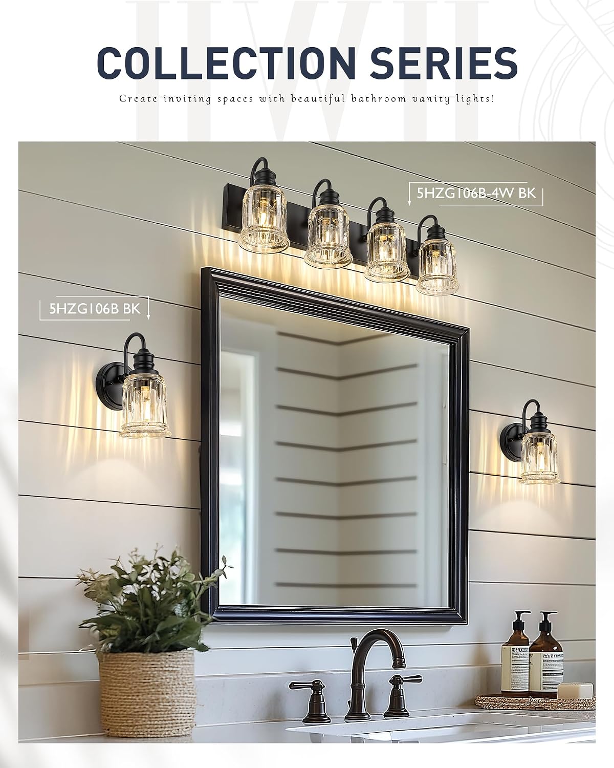 HWH 4-Light Bathroom Vanity Light, Wall Light Sconces for Bathroom, Dressing Table, Black Bathroom Mirror Wall Light with Bell-Shaped Clear Glass, Matte Black Finish, 5HZG106B-4W BK
