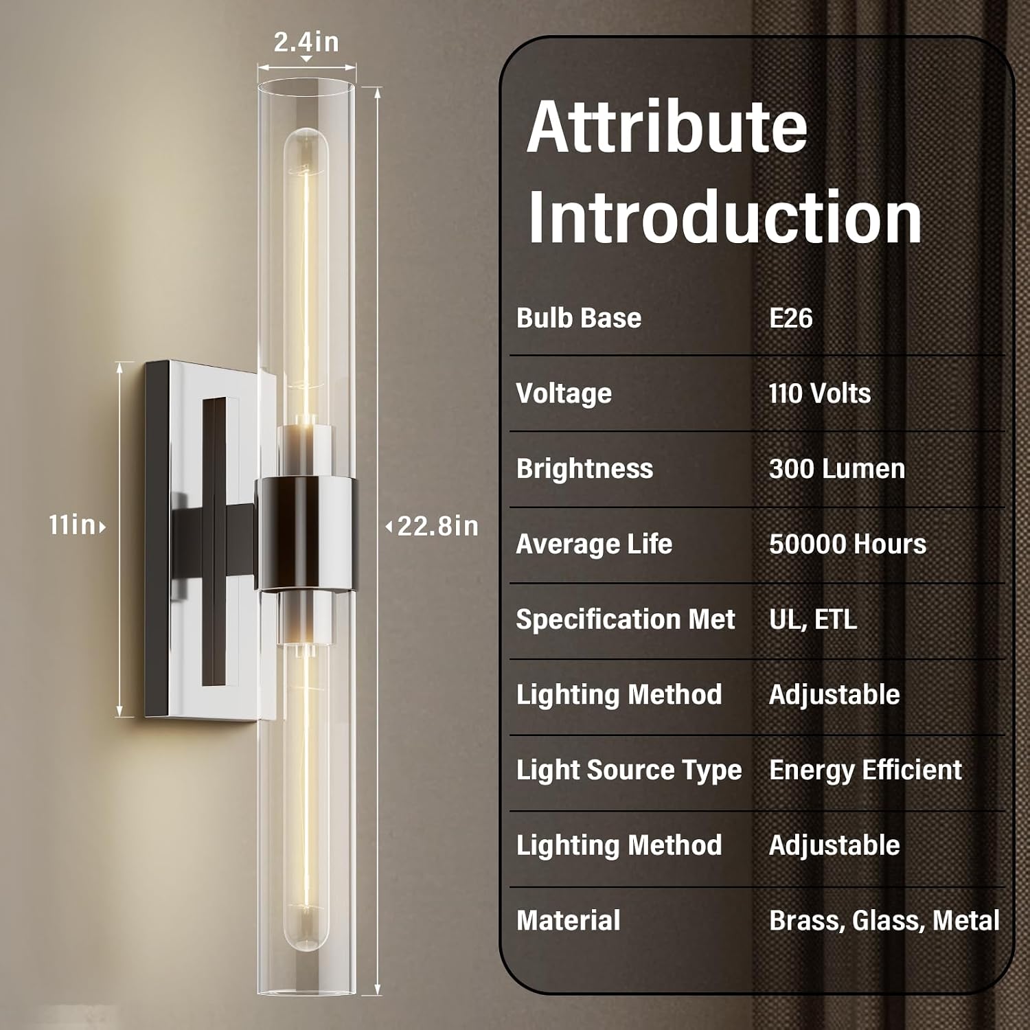 Nickel Wall Sconces Set of Two, Brass 22.8' Sconces Wall Lighting,Bathroom Vanity Lights with Clear Glass Shade for Mirror, Living Room, Bedroom, Hallway, Fireplace, Staircas（Including Bulb）