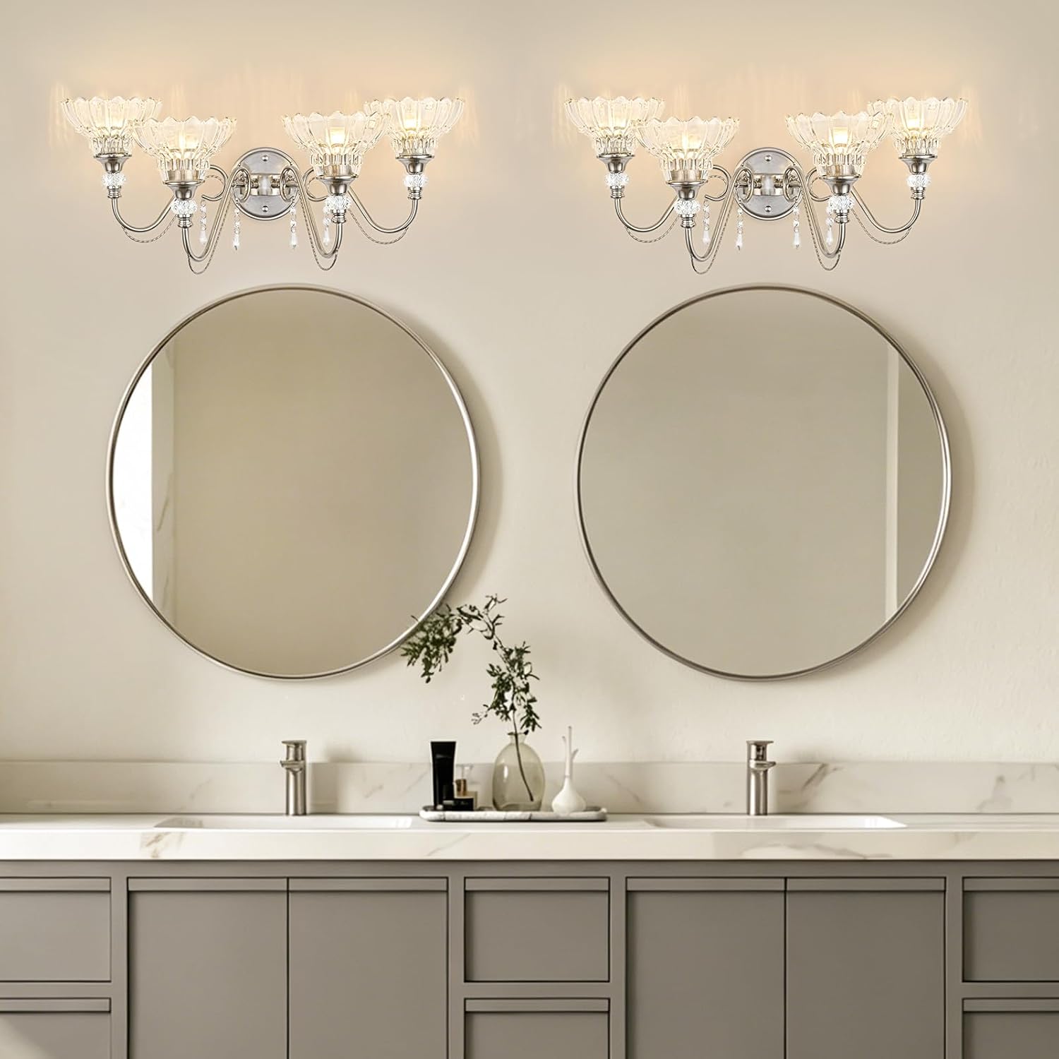 Brushed Nickel Bathroom Vanity Light, 4-Light Nickel Finish Wall Sconce with Hanging Crystal Accents and Flower-Shaped Clear Glass Shades, Modern Wall Mount Vanity Light Over Mirror for Bathroom