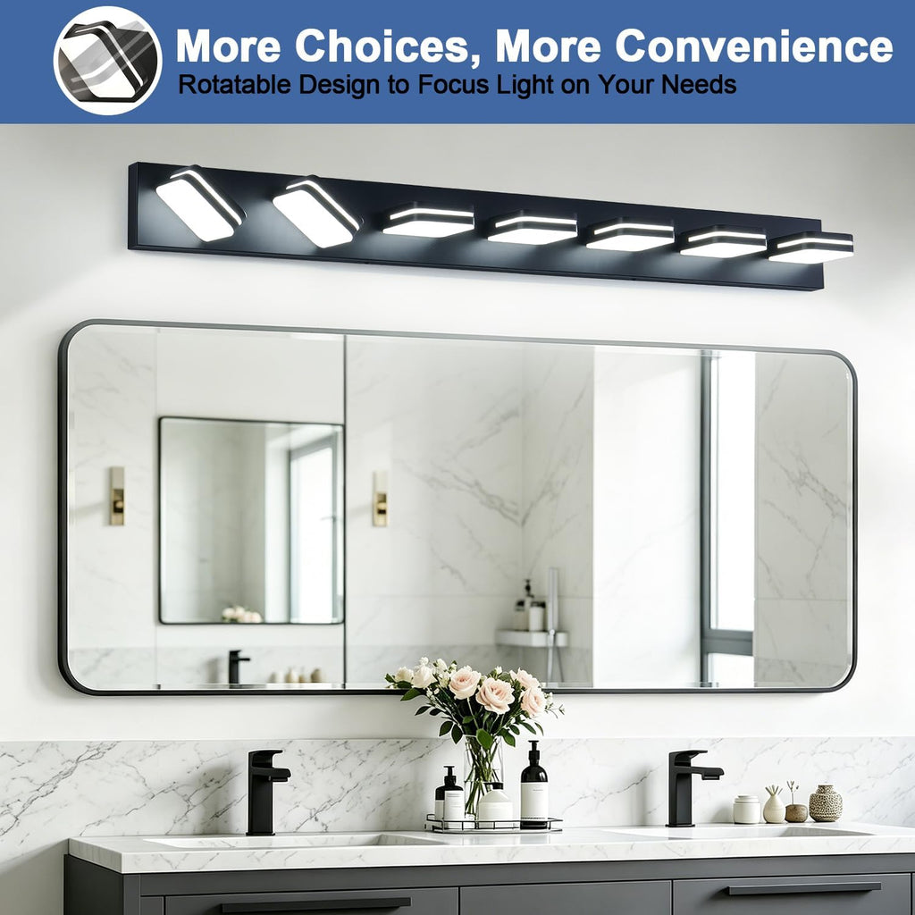 Torondo 360° Rotate LED Bathroom Vanity Light Fixtures, Acrylic Vanity Lights for Bathroom, Modern Wall Lighting Fixtures Over Mirror Living, Matte Black, Natural White, 7-Light, 46-Inch