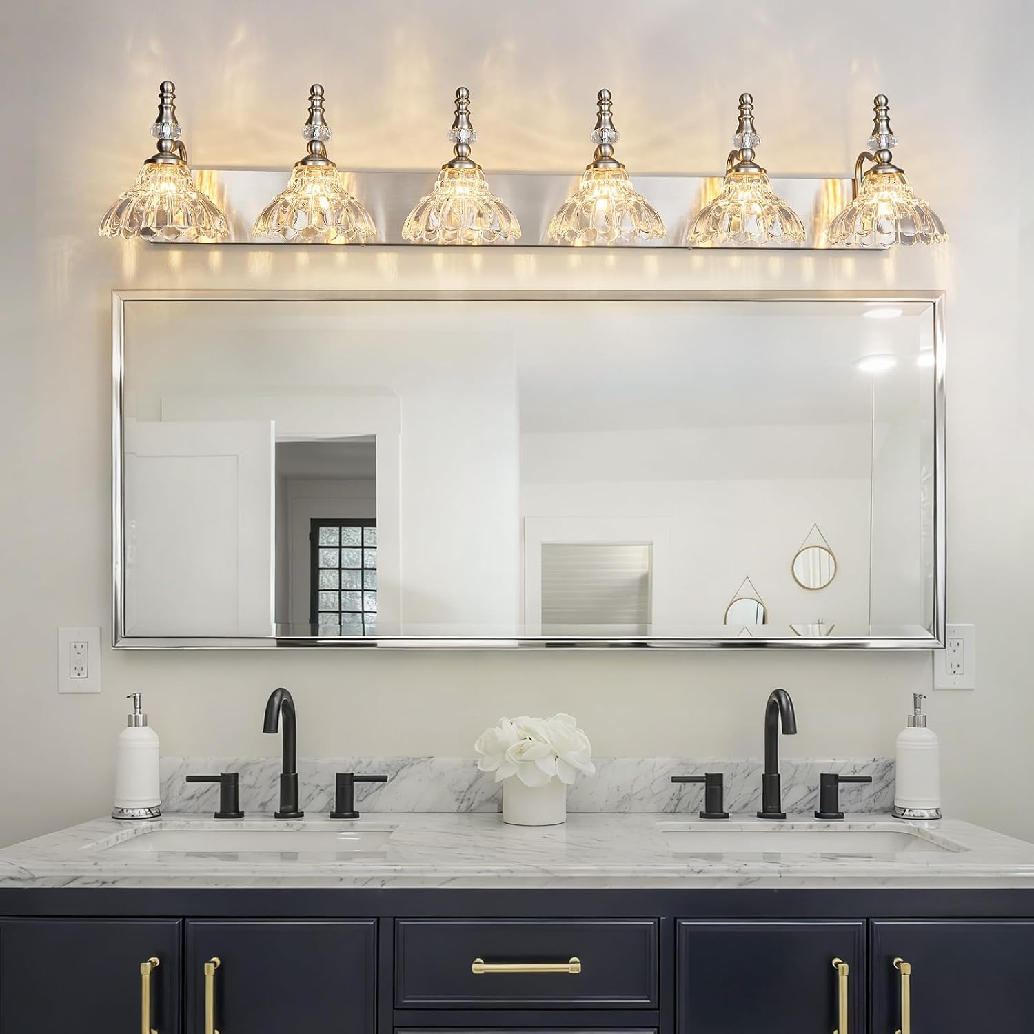 Vintage Bathroom Vanity Light, 6-Light Brushed Nickel Vanity Lighting Fixture with Flower Glass Shade, Bathroom Lighting Fixtures Over Mirror