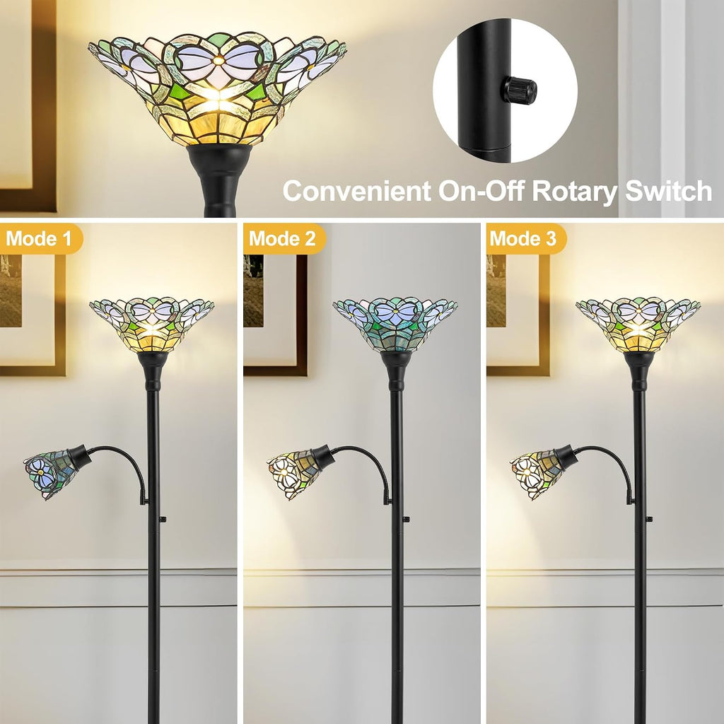 Luvkczc Tiffany Floor Lamp, Stained Glass Lamp Victorian Style with Adjustable Gooseneck Reading Lamp – 70' Tall Torchiere Floor Lamps for Living Room