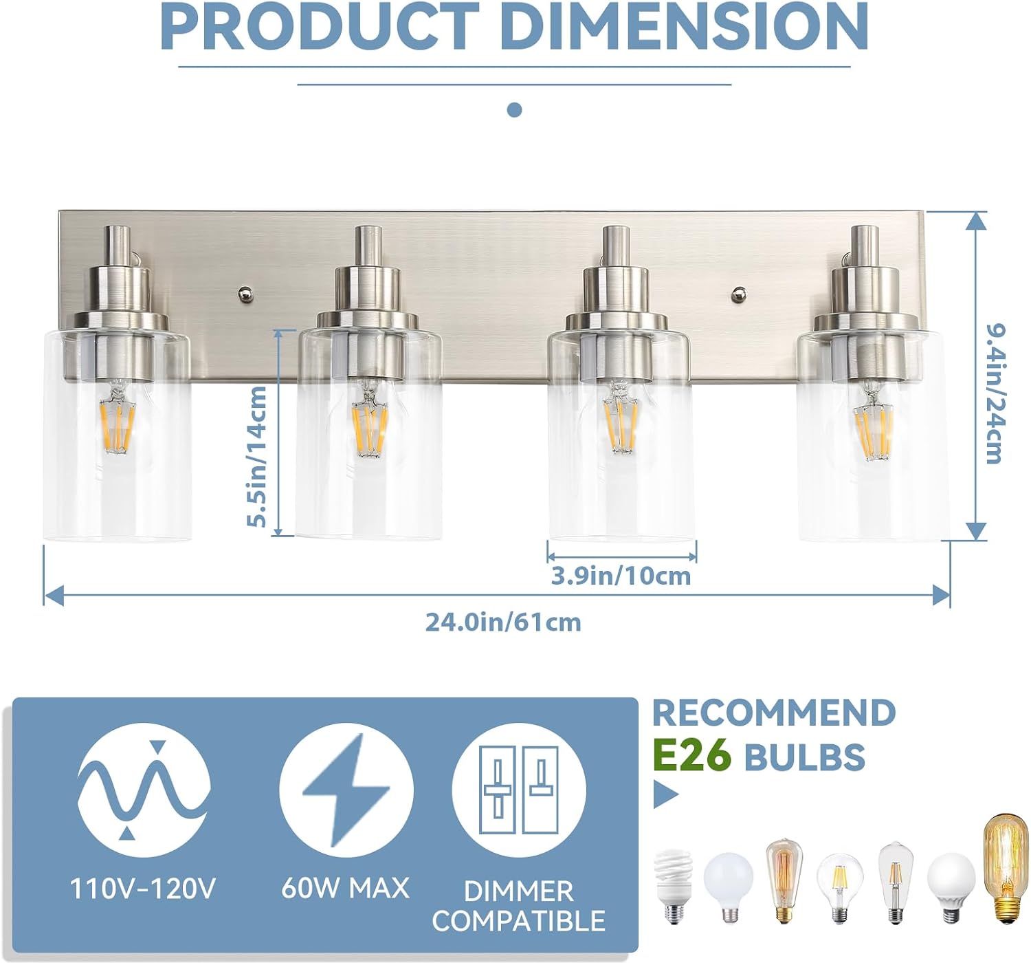 LOUSACE 4 Light Bathroom Vanity Light Brushed Nickel, Bathroom Lighting Fixtures with Clear Glass Shades Over Vanity Mirror, Modern Wall Sconces Fixtures for Bedroom Living Room, E26 Socket