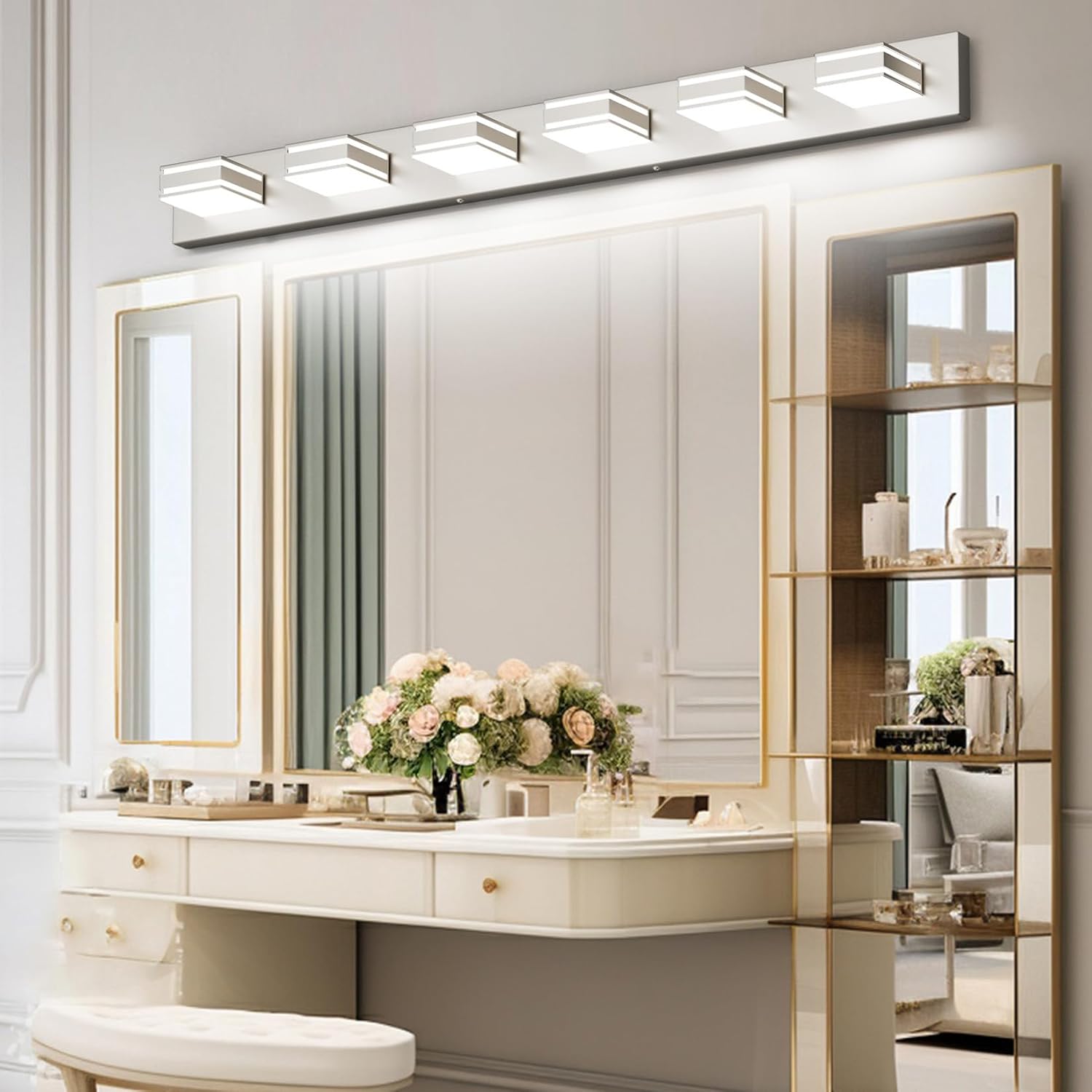 Ralbay 48inch Brushed Nickel Bathroom Vanity Light 6-Light Metal Acrylic Modern LED Bathroom Lighting Over Mirror