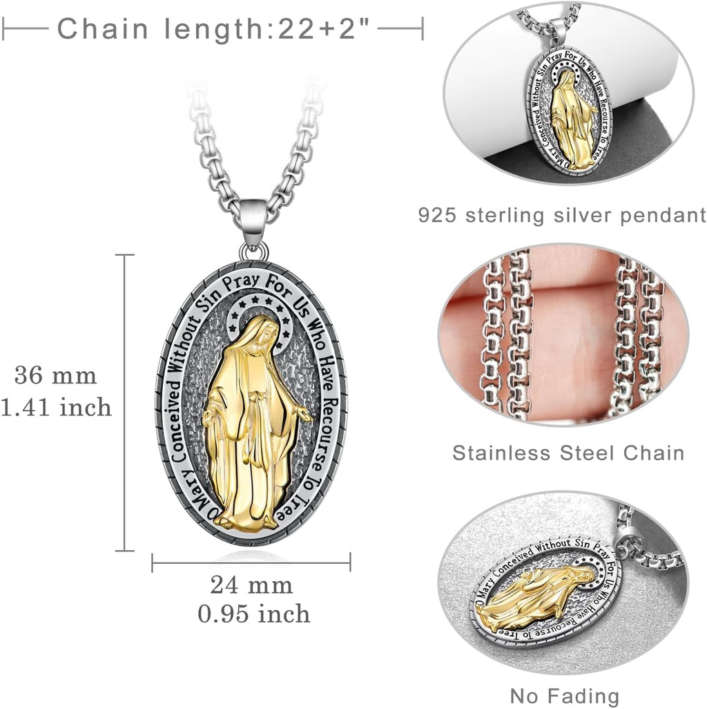 Virgin Mary Necklace for Men 925 Sterling Silver Plated 14K Yellow Gold Miraculous Medal Pendant Necklace Jewelry Gifts for Men Women 22' to 24' Chain