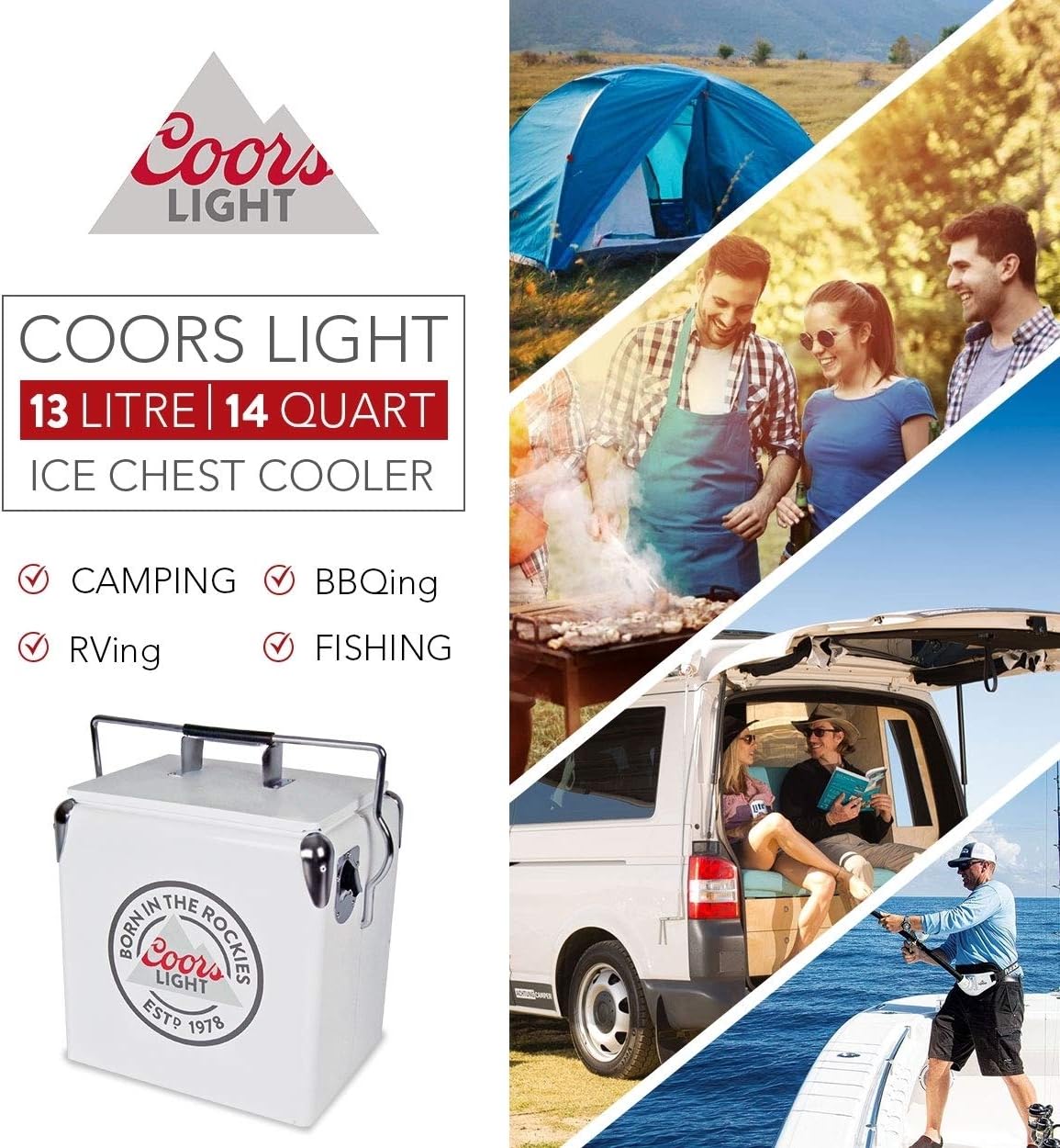 Coors Light Ice Chest Cooler - Portable Ice Bucket with Bottle Opener, Vintage Style, Insulated for Camping, Beach, Picnic, RV, BBQs, Tailgating, Fishing, Steel-Belted 18 Can Ice Box, 13L (14 qt)