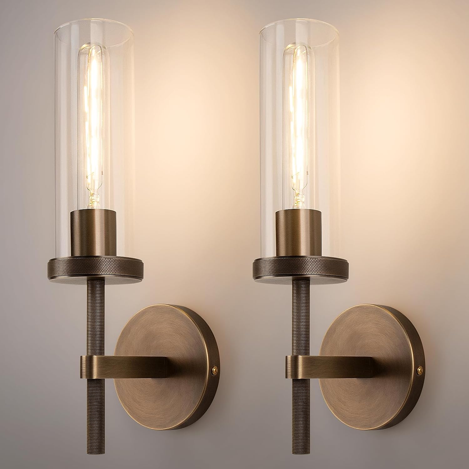 15' Knurled Brass Wall Sconces Set of 2, Bronze Bathroom Vanity Light Fixtures with Clear Glass Tube, Modern Lamp Lighting for Bedroom, Living Room, Hallway, Staircase, Mirror, Kitchen