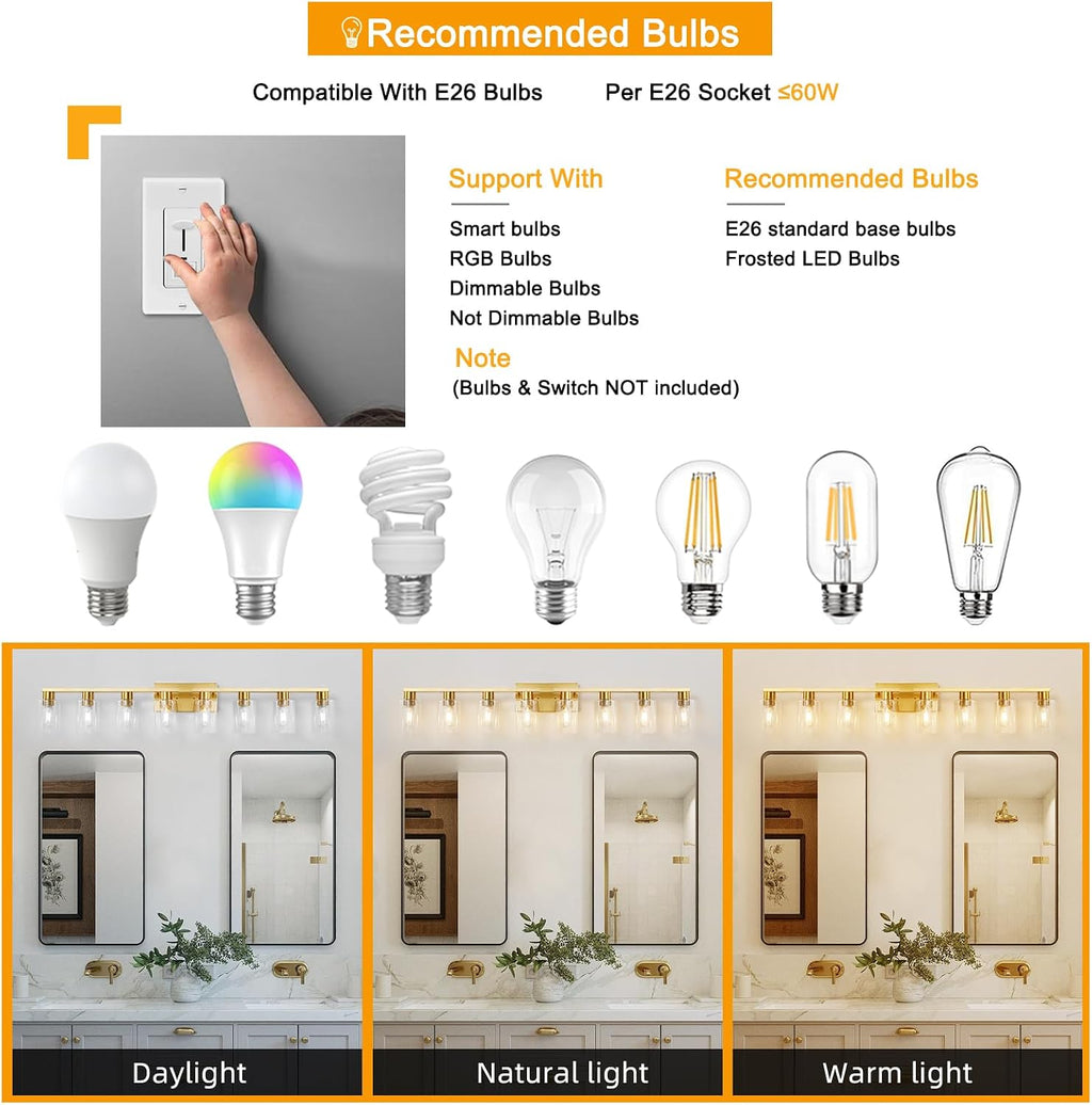 8 Light Gold Bathroom Light Fixtures, Modern Large Vanity Lights with Clear Glass Shade, Brushed Brass Bathroom Lighting Fixtures Over Mirror, Wall Scones Light for Bedroom, Living Room