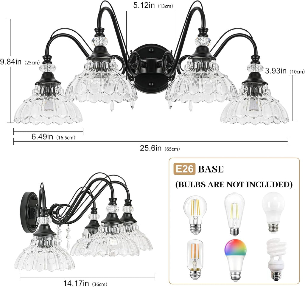Black Bathroom Vanity Light, 4-Light Matte Black Finish Farmhouse Wall Sconce with Hanging Crystal Accents and Flower-Shaped Clear Glass Shades, Retro Wall Mount Vanity Light Over Mirror for Bathroom