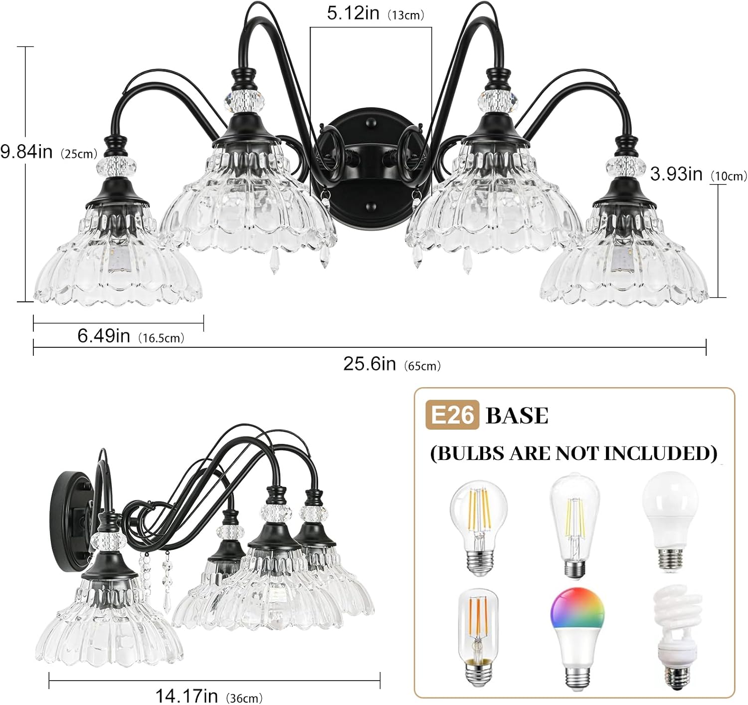 Black Bathroom Vanity Light, 4-Light Matte Black Finish Farmhouse Wall Sconce with Hanging Crystal Accents and Flower-Shaped Clear Glass Shades, Retro Wall Mount Vanity Light Over Mirror for Bathroom