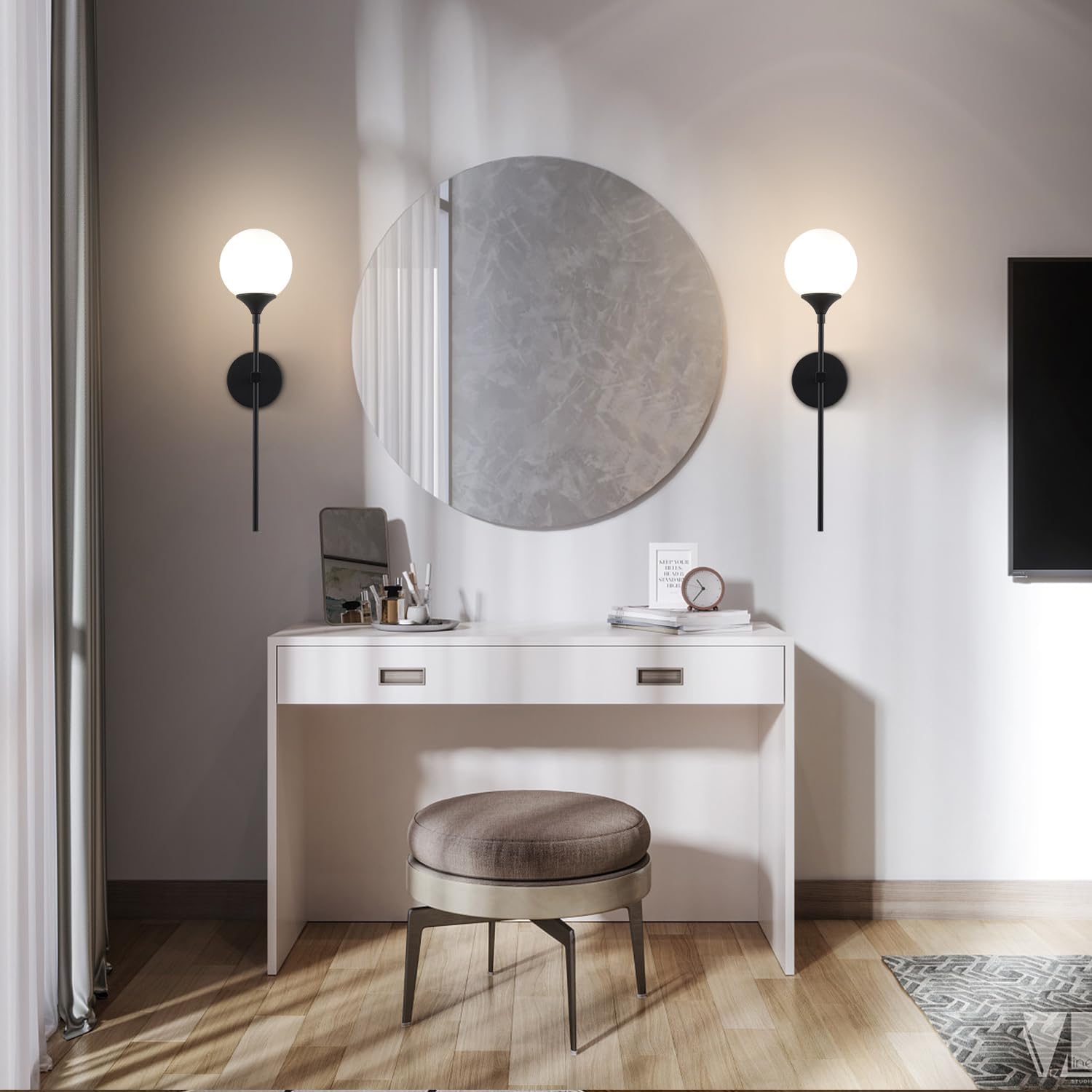 KCO Lighting Farmhouse Matte Black Wall Sconce Set of 2 Vintage Milk White Glass Globe Wall Light Mid Century Modern Bathroom Vanity Light Set of Two Industrial Bar Wall Lamp