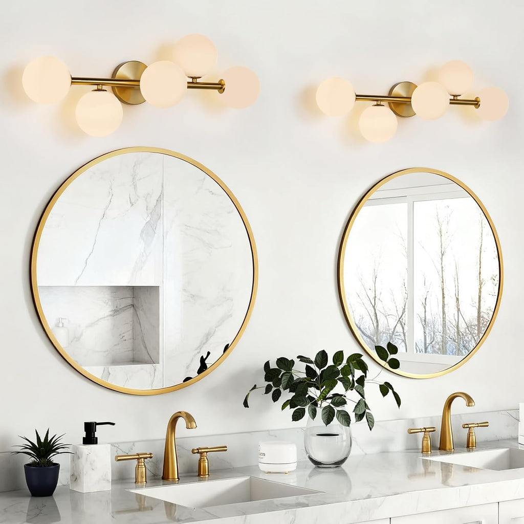 LED Bathroom Vanity Light Fixtures: Modern Gold Brushed Brass 5 Lights Wall Sconce Lighting - Dimmable Vanity Light with Milk White Globe Bubble Glass Shade - Mid century Bathroom Lights over Mirror