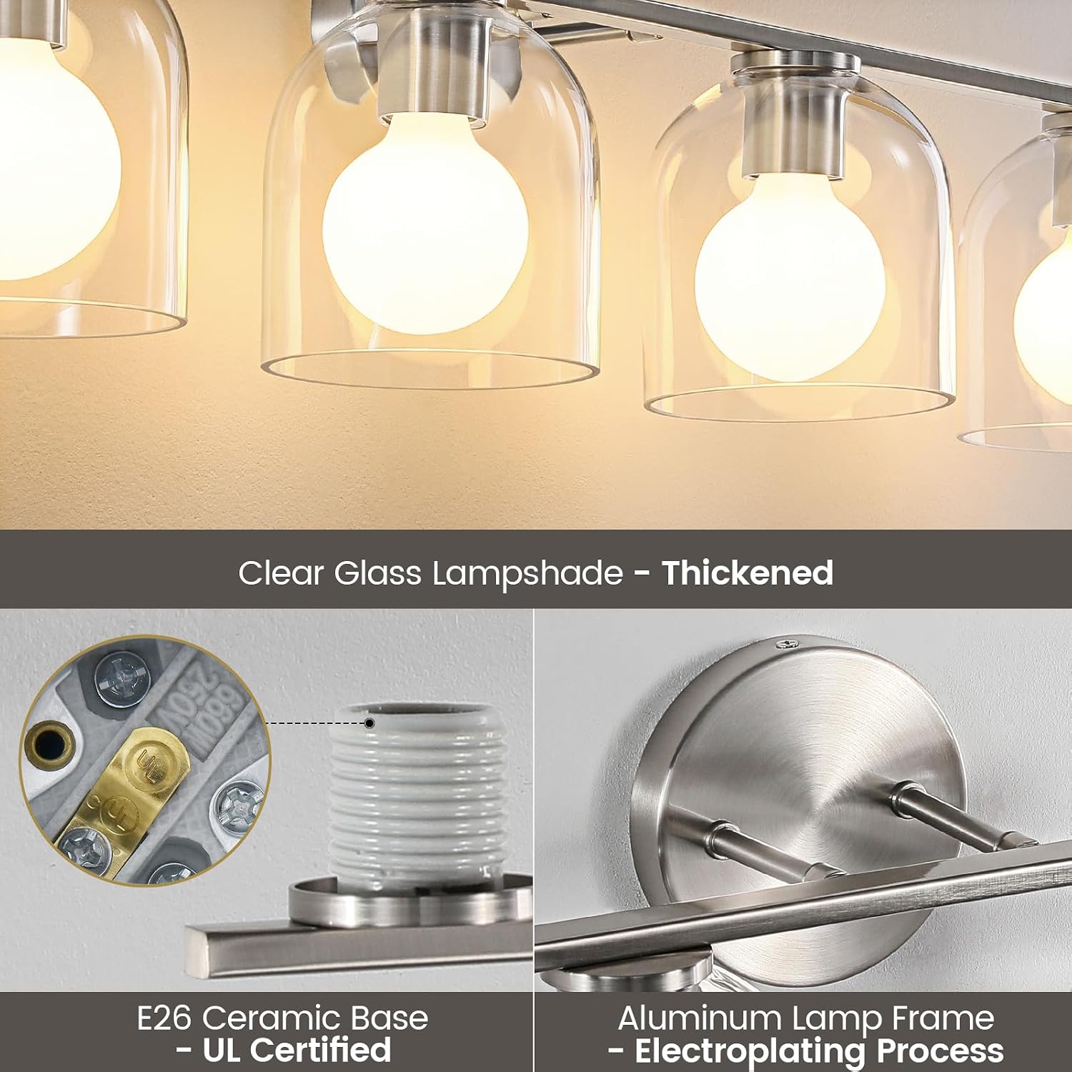WOSHITU Bathroom Vanity Light Fixtures: 32.3 Inch Modern Brushed Nickel Bathroom Vanity Lights Over Mirror with Clear Glass Shade, 4-Light Bathroom Light Fixture Wall Lights Over Mirror