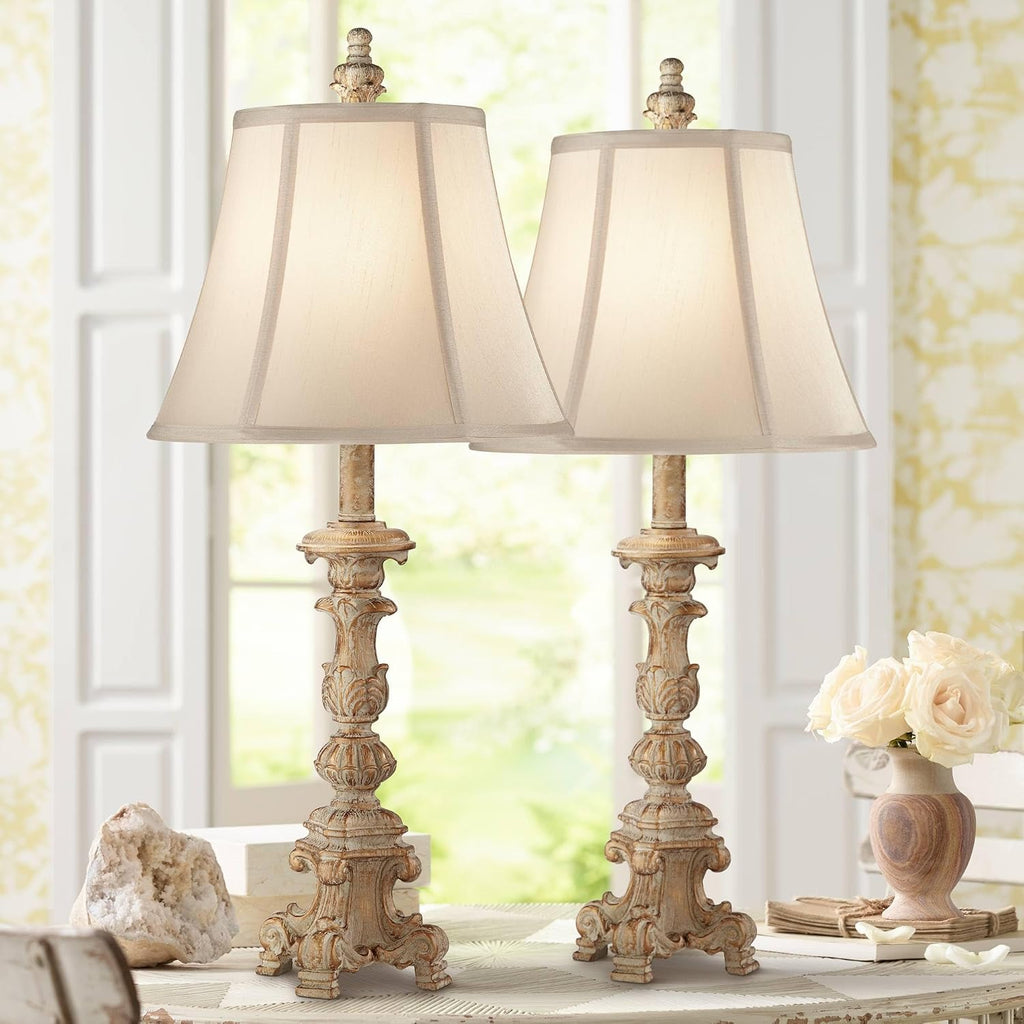 Regency Hill Elize Shabby Chic 3-Way Table Lamps 26.5' High Set of 2 with Table Top Dimmers White Washed Candlestick Bell Shade Decor for Living Room Bedroom House Bedside Nightstand
