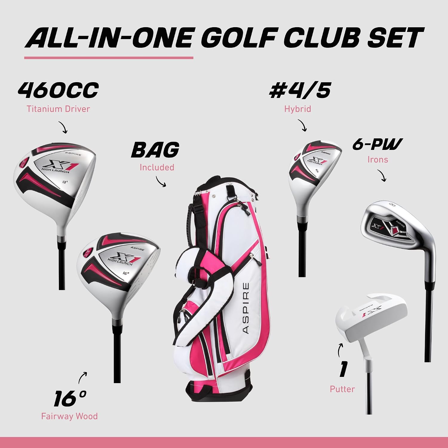 Aspire X1 Womens Golf Clubs Full Set – Driver, Fairway, Hybrid, 6-PW Irons, Putter, Stand Bag & Headcovers - Graphite Shafts - Right Handed