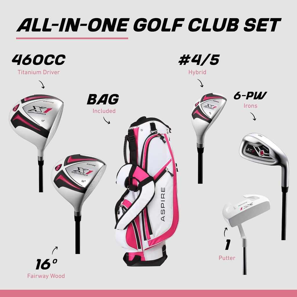 Aspire X1 Womens Golf Clubs Full Set – Driver, Fairway, Hybrid, 6-PW Irons, Putter, Stand Bag & Headcovers - Graphite Shafts - Right Handed