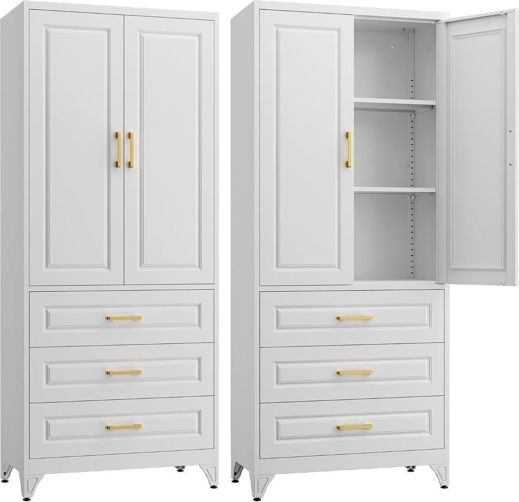SteeLoong 75' Kitchen Pantry Cabinet with 3 Drawer,Metal Storage Cabinets with Doors and 4 Adjustable Shelves,White Kitchen Cabinet with 2 Gold Handles,Food Cupboard for Livingroom,Pantry, Bathroom