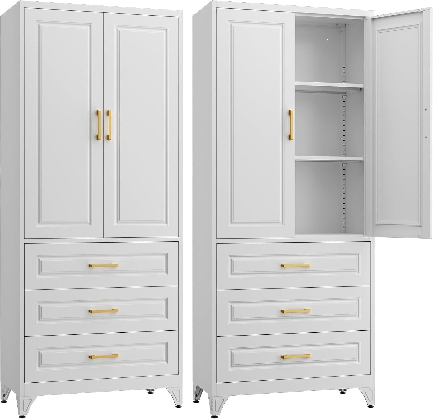 SteeLoong 75' Kitchen Pantry Cabinet with 3 Drawer,Metal Storage Cabinets with Doors and 4 Adjustable Shelves,White Kitchen Cabinet with 2 Gold Handles,Food Cupboard for Livingroom,Pantry, Bathroom
