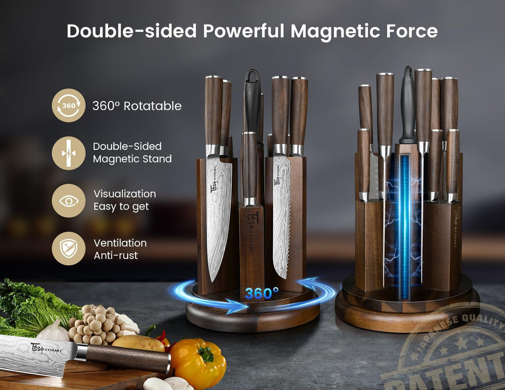 SYOKAMI 2026 Upgrade Knife Set 14 Piece Japanese Style Kitchen Knife Set With 360° Rotatable Magnetic Block, High Carbon Stainless Steel Knives Sets with Steak Knives and Sharpener, Ideal for Gift