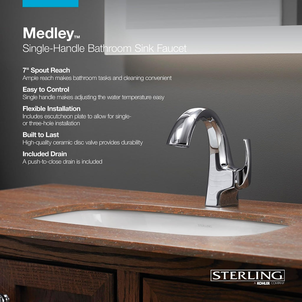 Sterling 27371-4-BL Medley Single-Handle Bathroom Sink Faucet, 1.2 GPM, Clicker Drain with Tailpiece, Premium Durable Metal, Corrosion Resistant, Matte Black