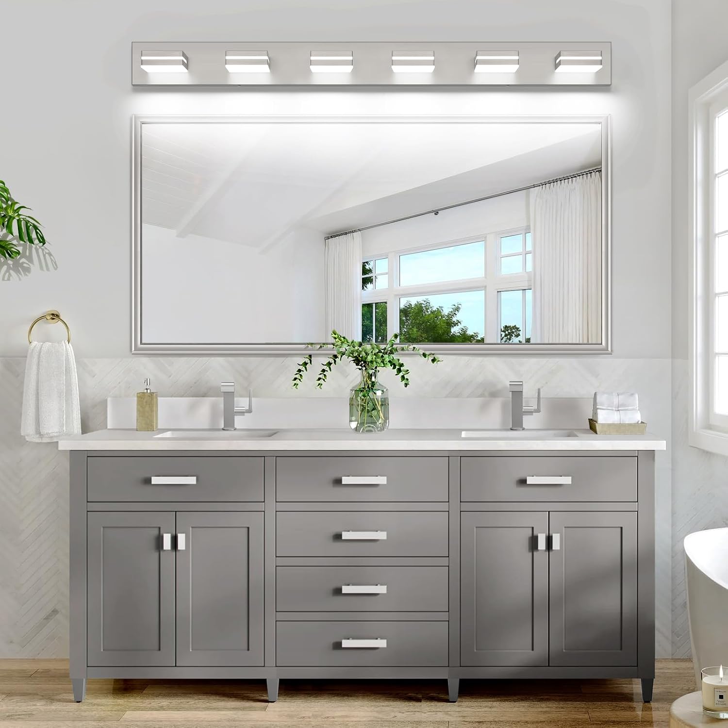 SineRise LED Modern Bathroom Vanity Light Fixtures (6-Light, 48-Inch, Dimmable), Brushed Nickel Modern Acrylic Bathroom Wall Lighting Fixtures Over Mirror (Cool White 6000K)