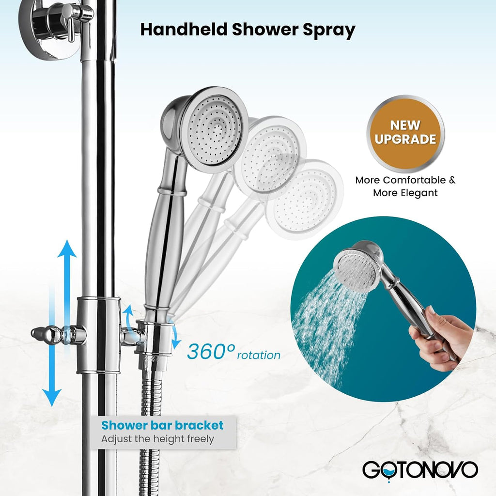 gotonovo Exposed Bathroom Shower Faucet Set Shower Fixture 8 Inch Rainfall Shower Head Handheld Shower Cross Handle Wall Mount 2 Functions Polished Chrome