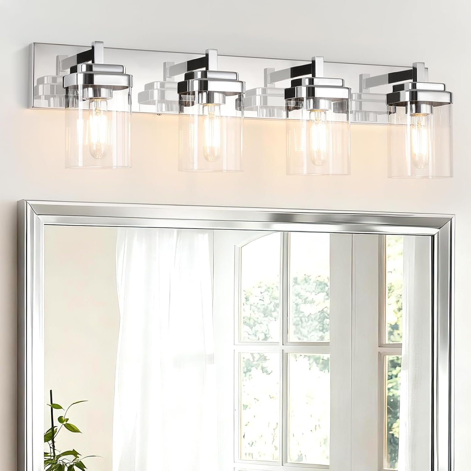 4-Light Vanity Light Fixture, Bathroom Wall Sconces, Bathroom Vanity Lighting Over Mirror | Square Clear Glass Shade | Bulbs Not Included | E26 Socket | Chrome