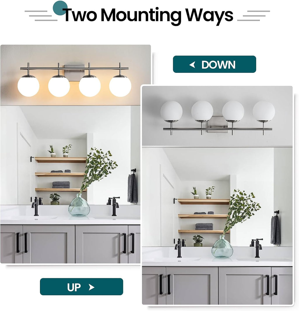 AIJIASI Bathroom Vanity Light, 4-Light Brushed Nickel Vanity Lights, 30.7 Inch Modern Bathroom Light Fixtures with Milky White Glass Globe Shade, Vanity Lighting Fixtures Over Mirror Wall Sconce