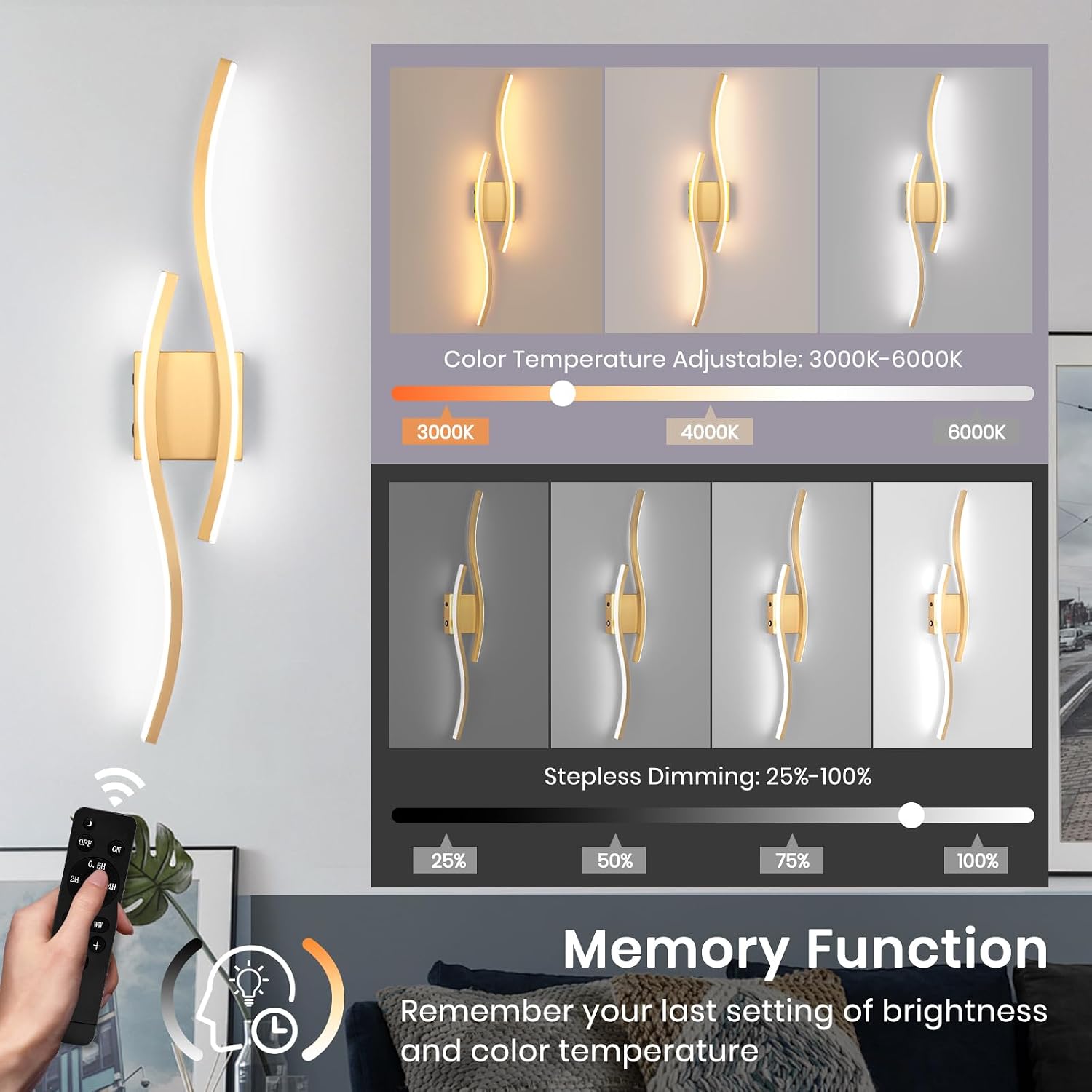 Modern LED Wall Sconce Set of Two, Battery Powered Wall Sconces Set of 2 with Timer, Gold Wall Light with Remote, LED Wall Lamp Indoor not Hardwired for Bathroom Living Room Bedroom Corridor