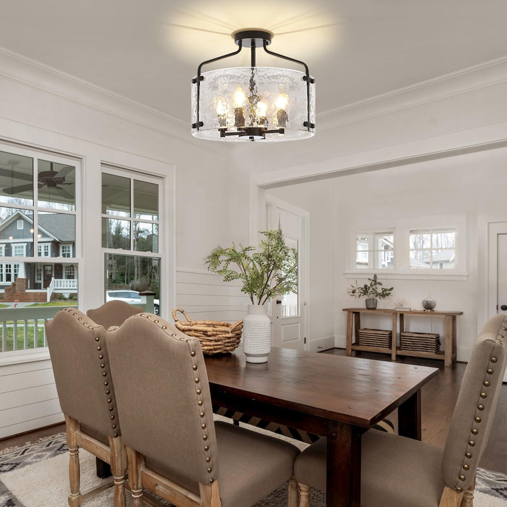 Black Semi Flush Mount Ceiling Lights, Modern Hammered Glass Entryway Hallway Light Fixtures 4-Light Drum Chandelier for Dining Room Bathroom Bedroom Kitchen Foyer Lighting