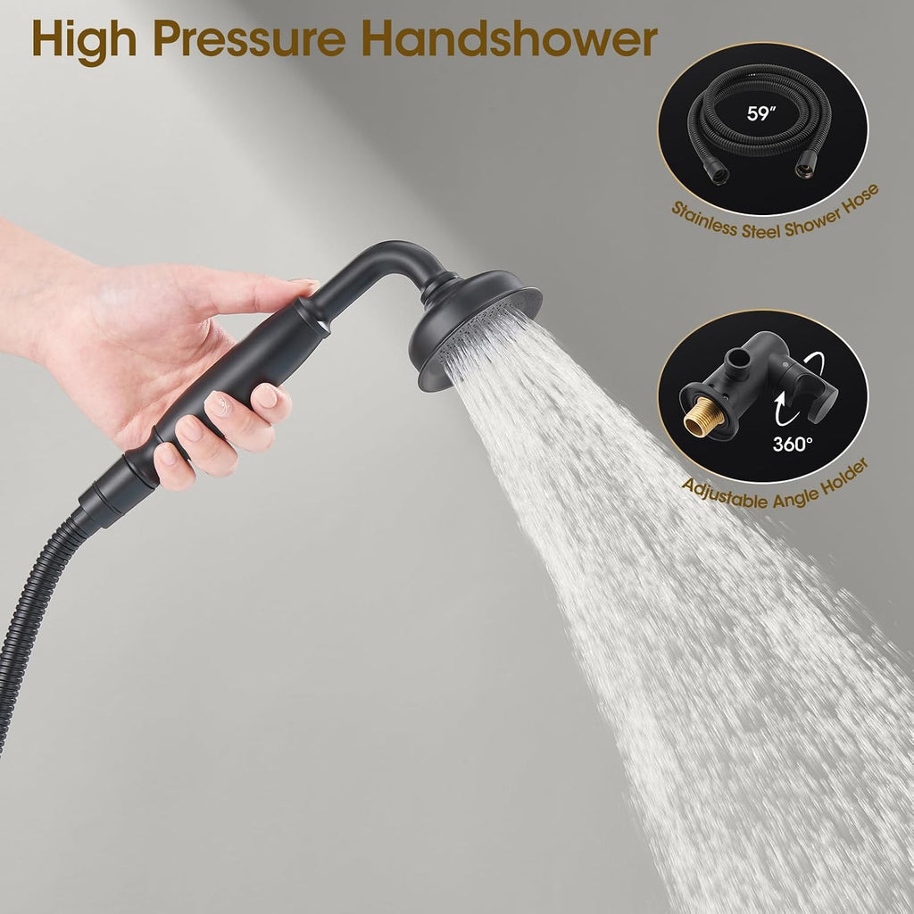 Rain Shower Head with Handheld Spray, Rainfall Shower System with Rough-in Valve, Shower Faucet Set with Pressure Balance Valve, 9 Inch Luxury Shower Trim Kit Wall Mount, Matte Black