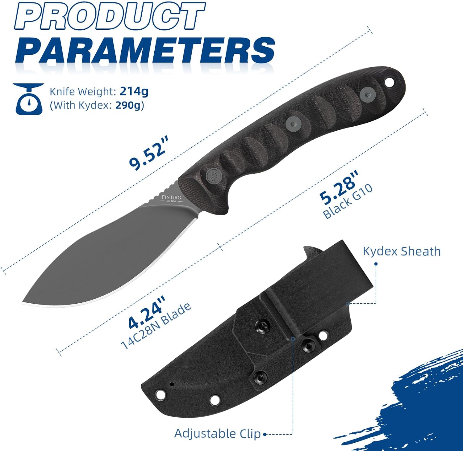 FINTISO Nazar Fixed Blade Knife with Kydex Sheath, 4.24' 14C28N Blade Black G10 Handles, Titanium-coated, Full Tang Design, Lanyard, for Men Outdoor Activities, Camping, Hiking, EDC Carry.
