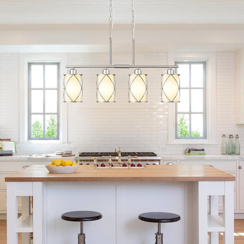 4-Light Kitchen Island Lighting, Linear Brushed Nickel Dining Room Light Fixtures with Milk Glass, Modern Industrial Chandelier Pendant Light for Kitchen Island Dining Room, CH9176BNW-4IS