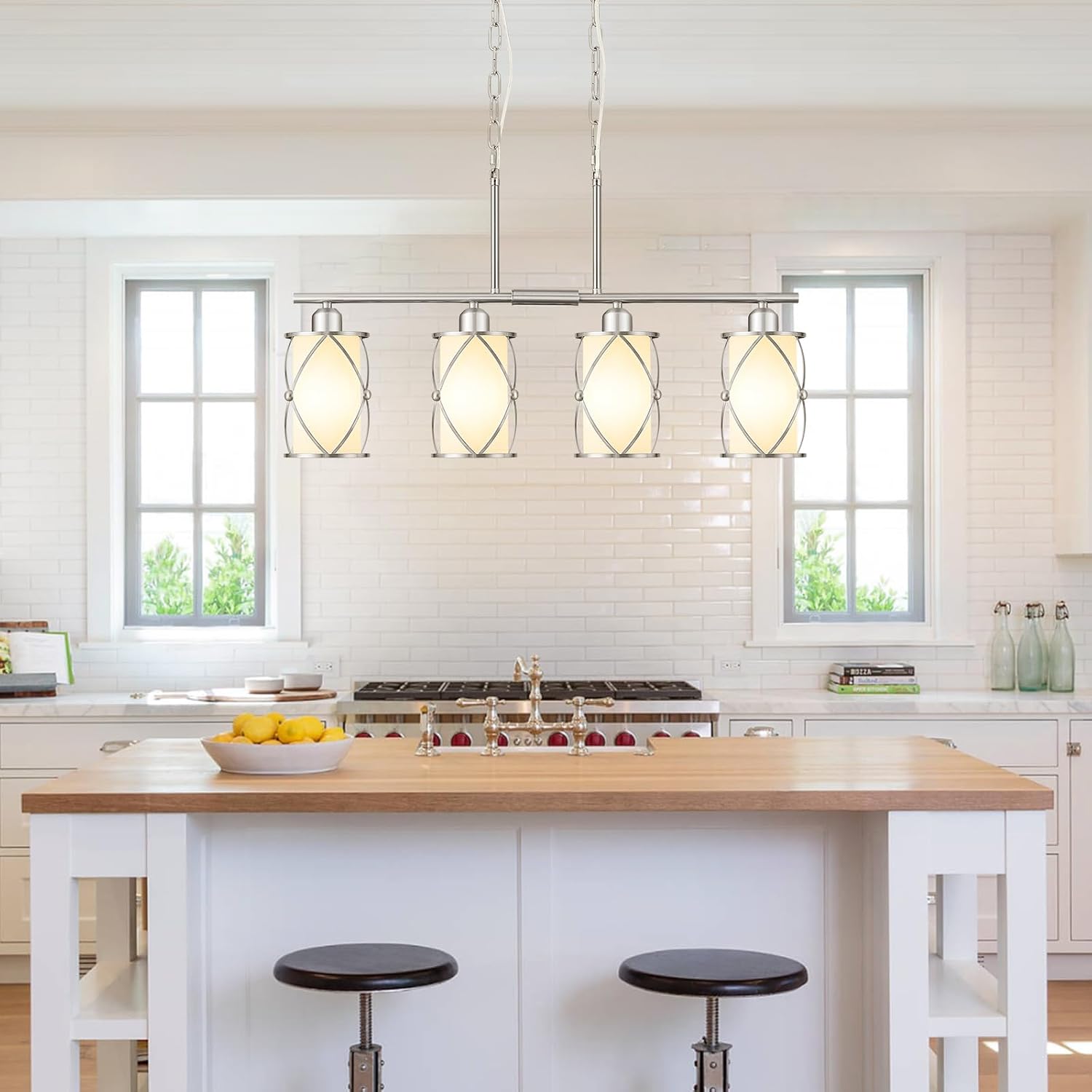 4-Light Kitchen Island Lighting, Linear Brushed Nickel Dining Room Light Fixtures with Milk Glass, Modern Industrial Chandelier Pendant Light for Kitchen Island Dining Room, CH9176BNW-4IS