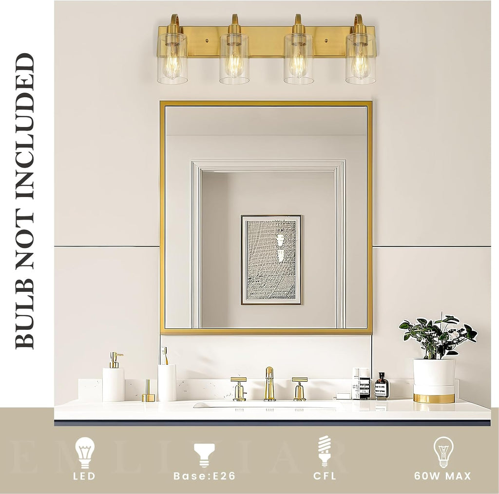Emliviar 30 Inch Gold Vanity Light, 4-Light Bathroom Light Fixtures with Clear Glass Shade, Brushed Gold Finish, YCE237B-4W BG