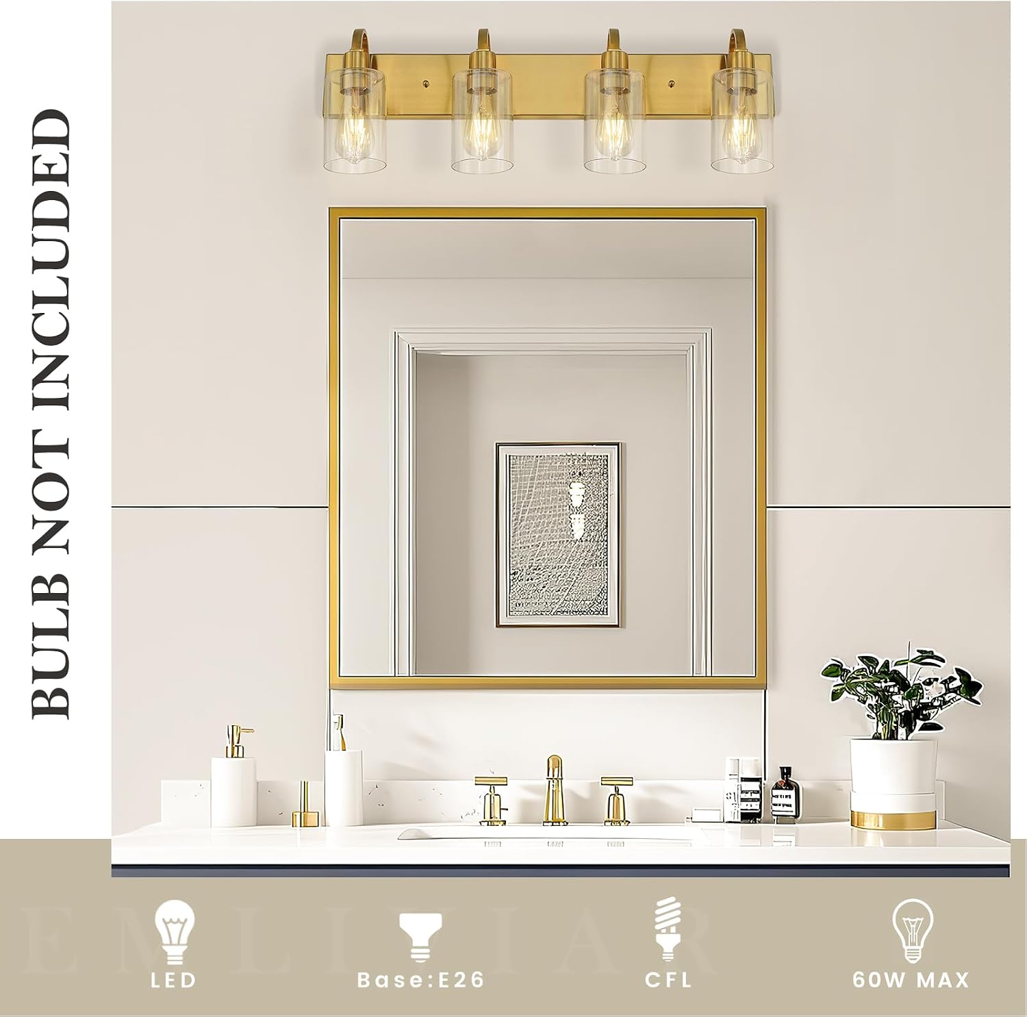 Emliviar 30 Inch Gold Vanity Light, 4-Light Bathroom Light Fixtures with Clear Glass Shade, Brushed Gold Finish, YCE237B-4W BG