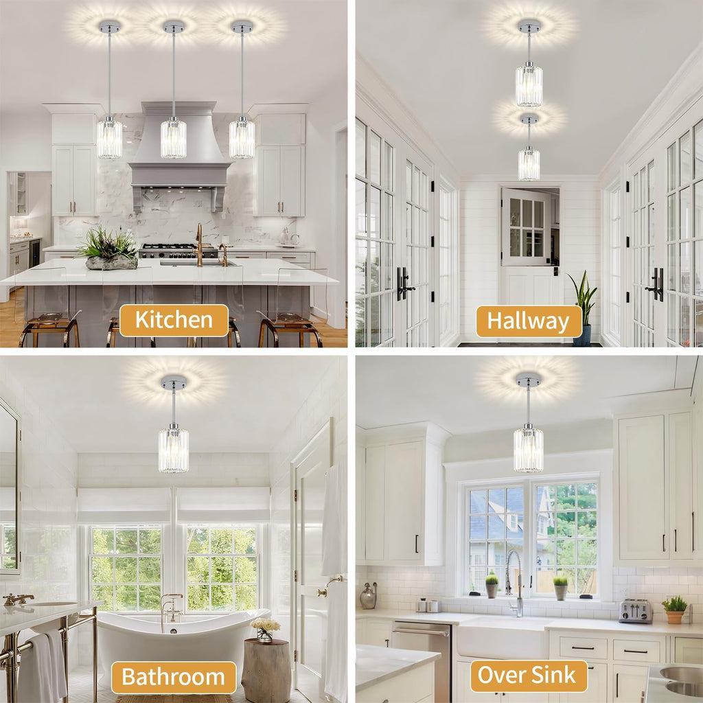 3 Pack Chrome Pendant Lights Kitchen Island, Modern Crystal Kitchen Pendant Lighting Over Island Adjustable Hanging Dining Room Light Fixtures Mini Pendant Light for Bathroom Hallway Bedroom Foyer