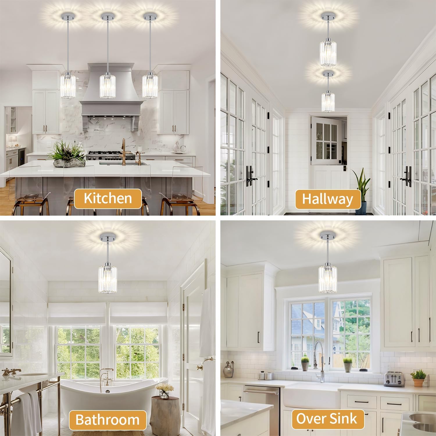 3 Pack Chrome Pendant Lights Kitchen Island, Modern Crystal Kitchen Pendant Lighting Over Island Adjustable Hanging Dining Room Light Fixtures Mini Pendant Light for Bathroom Hallway Bedroom Foyer
