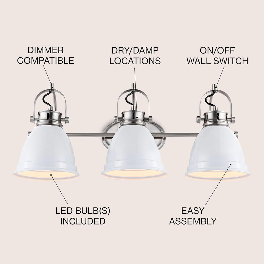 JONATHAN Y 25.5' White/Nickel 3-Light LED Vanity Light, Adjustable Wall Sconce for Bathroom Mirror, Farmhouse Bohemian Kitchen Light, Iron Black Bell Shade (JYL1116B)