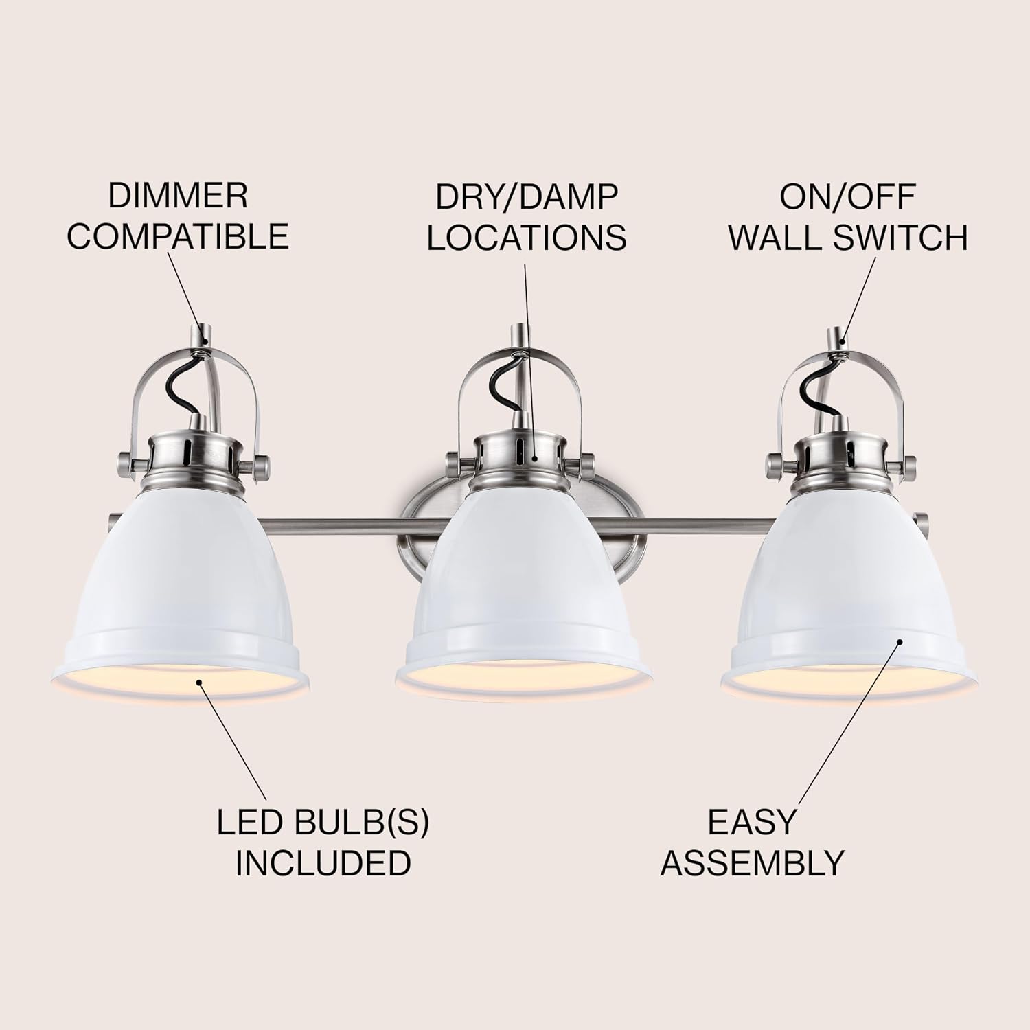 JONATHAN Y 25.5' White/Nickel 3-Light LED Vanity Light, Adjustable Wall Sconce for Bathroom Mirror, Farmhouse Bohemian Kitchen Light, Iron Black Bell Shade (JYL1116B)