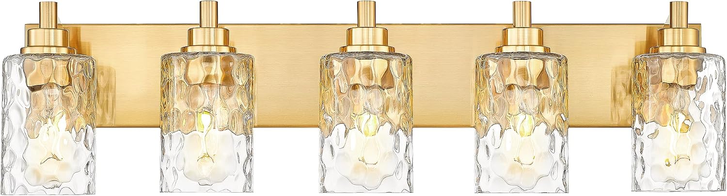 5-Light Bathroom Light Fixtures, 30 Inch Brushed Gold Vanity Lights with Clear Hammered Glass Cylinder Shade, Modern Vanity Lighting Fixture Over Mirror, VL198-BG-5