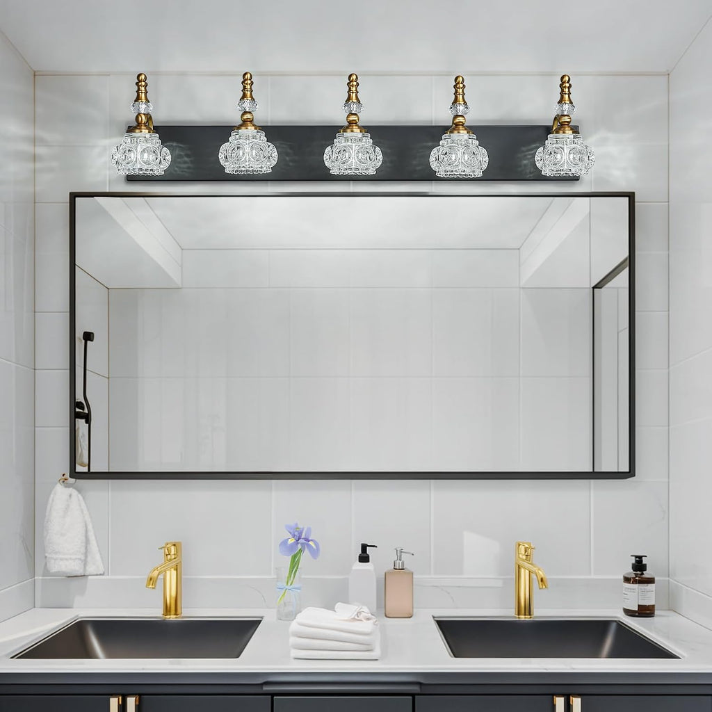 Modern Glass Crystal Vanity Light - Vintage Bathroom Lighting Fixtures Over Mirror, 5 Light Vanity Lights G9 Bulb (35.43 Inch, Black Gold)