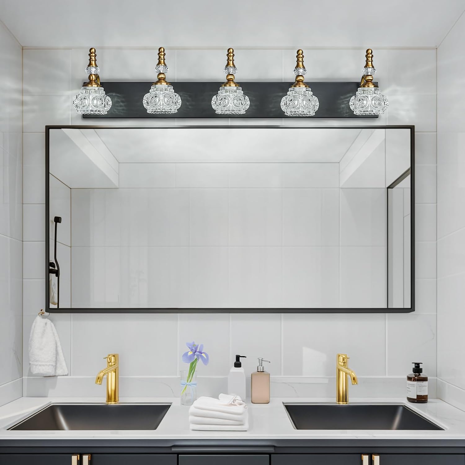 Modern Glass Crystal Vanity Light - Vintage Bathroom Lighting Fixtures Over Mirror, 5 Light Vanity Lights G9 Bulb (35.43 Inch, Black Gold)