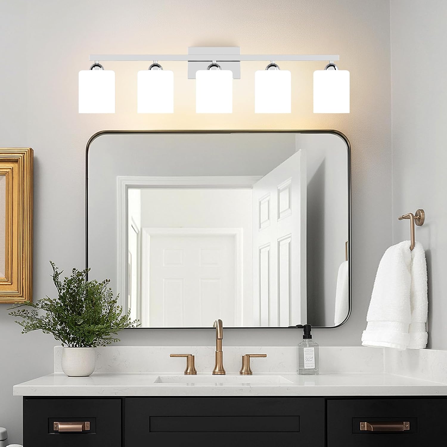 Quntis 5-Light Bathroom Light Fixtures Over Mirror 5 Colors Adjustable, LED Bathroom Vanity Light with Milky White Frosted Glass Shade, Lights for Bathroom Energy-Saving, 35.8 inch