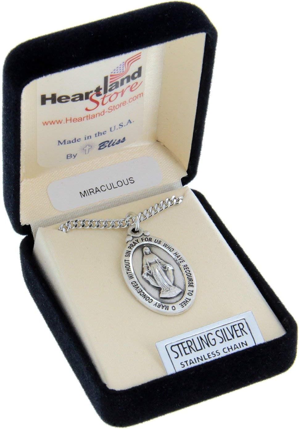 Heartland Store Oval Sterling Silver Miraculous Medal Necklace for Men - Tarnish Resistant, Handcrafted in the USA - Meaningful Religious Pendant- Ideal Present- 24-Inch Endless Rhodium Chain