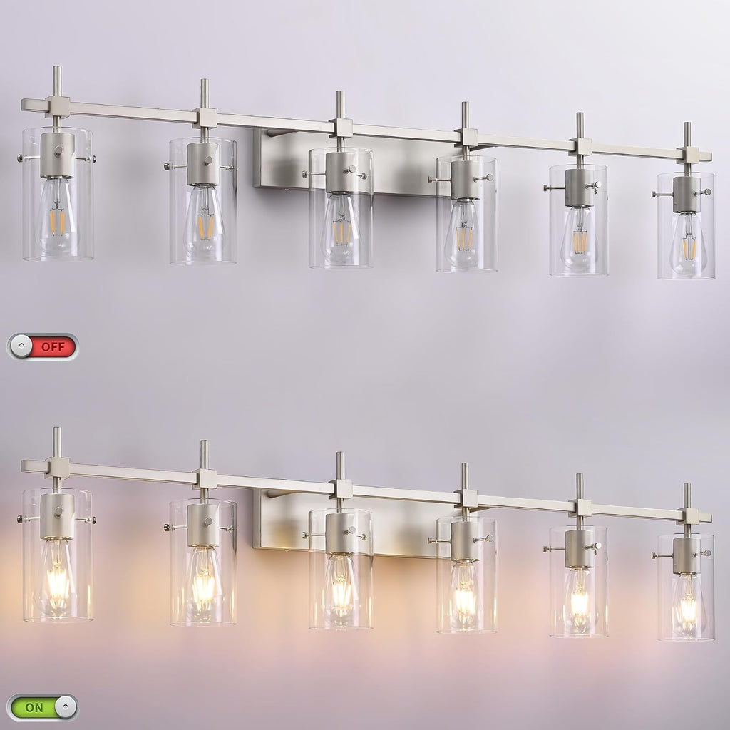 SOLFART 49.2 inch 6 Lights Vanity Light fixtures for Bathroom Vintage Bathroom Light Fixture Brushed Nickel Light Fixtures Above Mirror with Glass Shade (Exclude Bulb)
